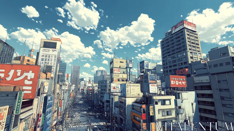 Sunlit anime cityscape renders layered high-rise signage depth