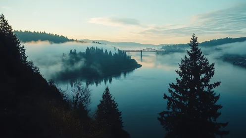 Foggy river valley with steel bridge at early sunrise.
