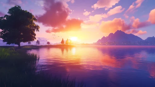 Sunset Landscape with Lake, Mountains, and Golden Sky Reflection.