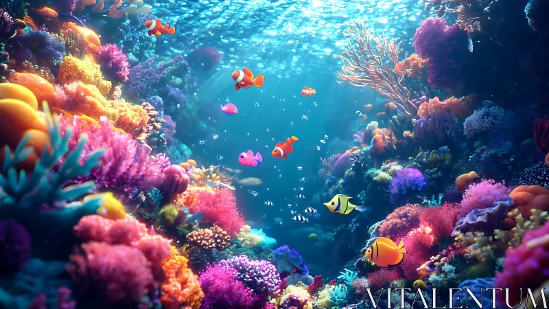 Vibrant 3D coral reef scene renders stylized tropical fish