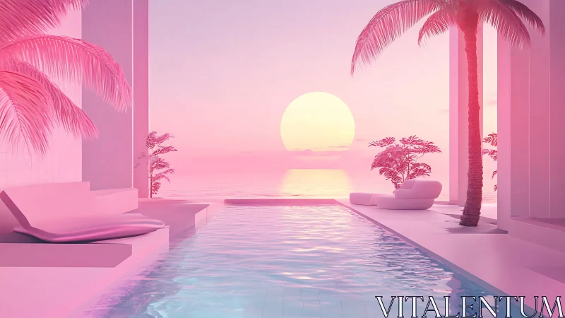Pink minimalist pool terrace under neon ocean sunset.