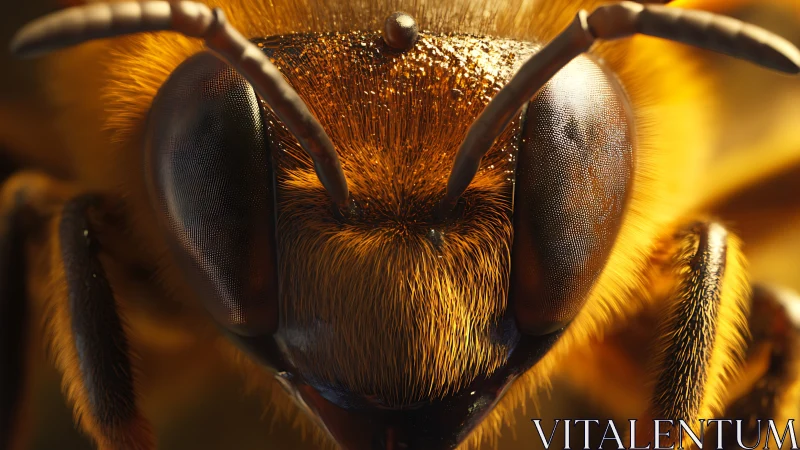 Macro close-up of bee head showing compound eyes and dense setae