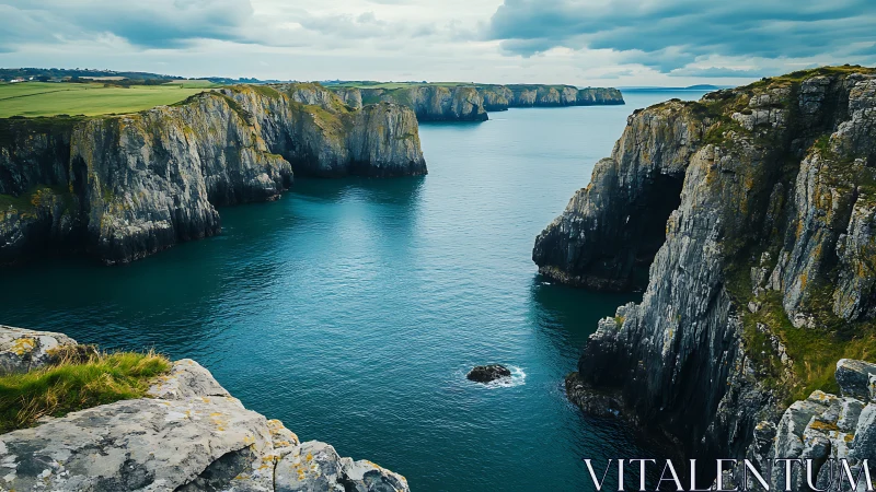 Brooding sea cliffs cradle teal waters under storm-laden skies.