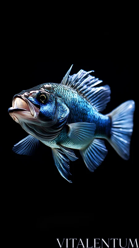 High-contrast render of iridescent blue fish in void space.
