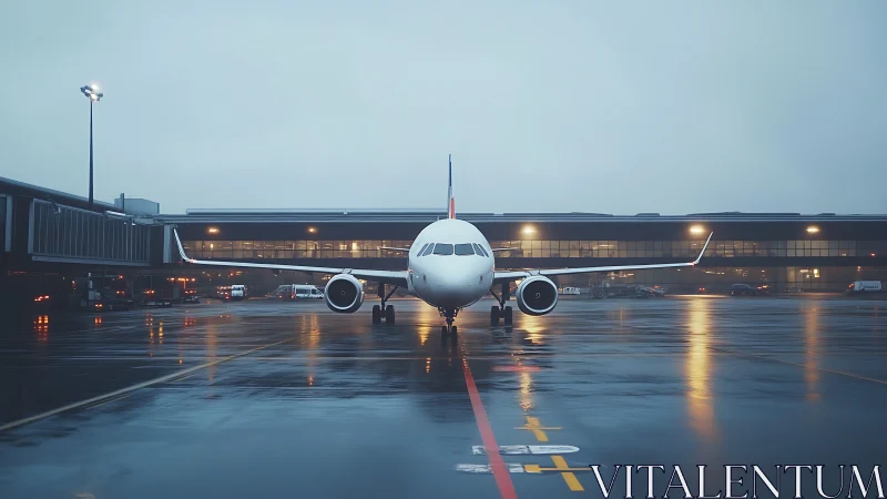 Airliner at rainy airport gate under moody dawn light.