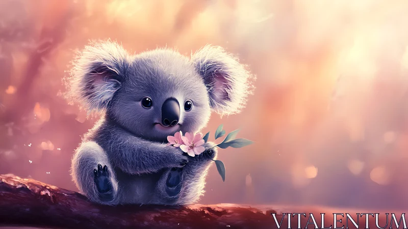Cute baby koala holding flowers on a soft glowing branch.