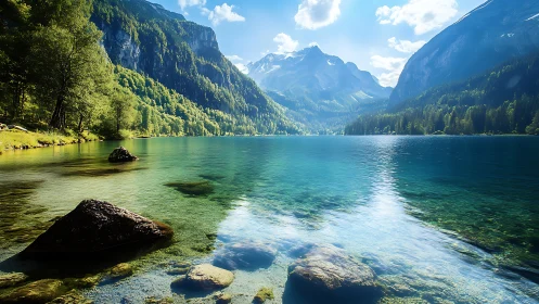 Emerald alpine lake dreaming beneath towering summer peaks.