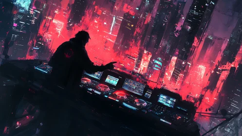 Neon skyline DJ conducting a cyberpunk midnight uprising.