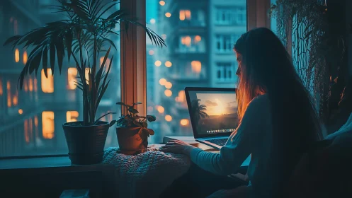 Backlit woman using laptop by window in teal orange bokeh