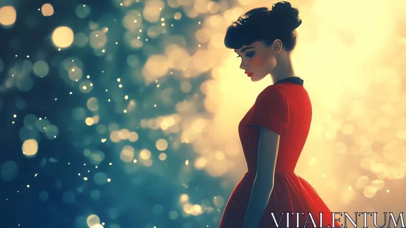 Elegant woman in red dress amid glowing bokeh lights.
