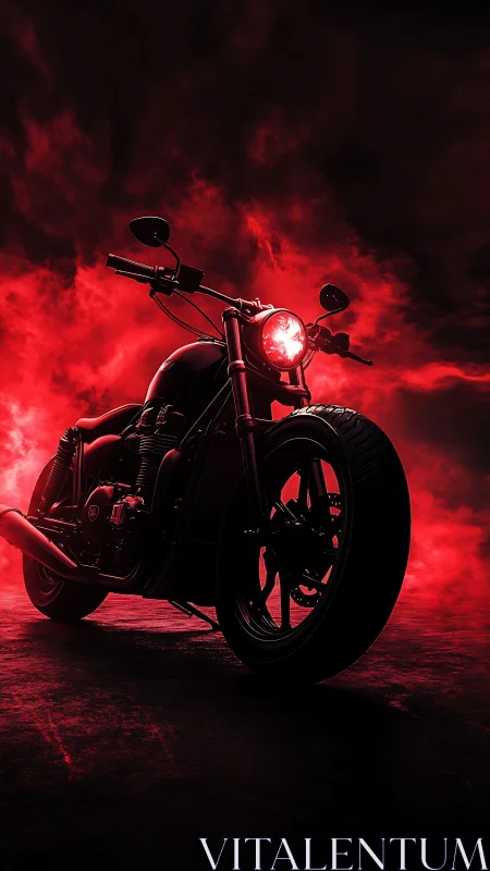 Custom black motorcycle stands against dense red smoke