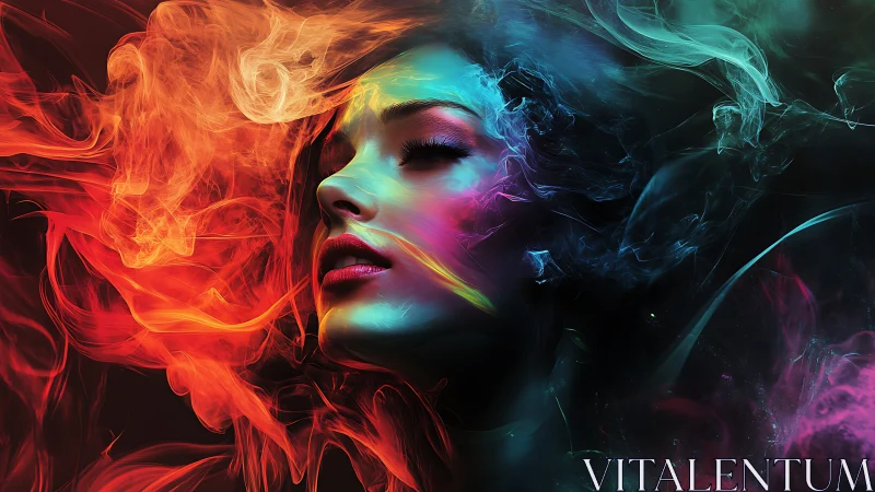 Digital portrait depicts face enveloped in colored smoke