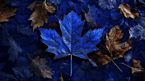 Blue maple leaf contrast against dark autumn foliage.