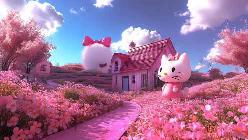 Pink kitty cottage glows inside surreal blossom meadow.