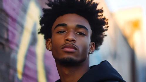 Confident young man stands against soft urban graffiti glow