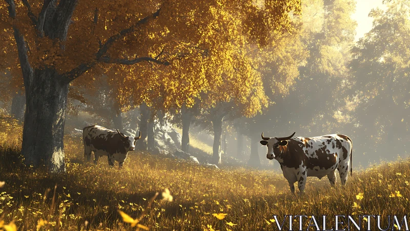 Digital pastoral cattle under luminous autumn canopy.