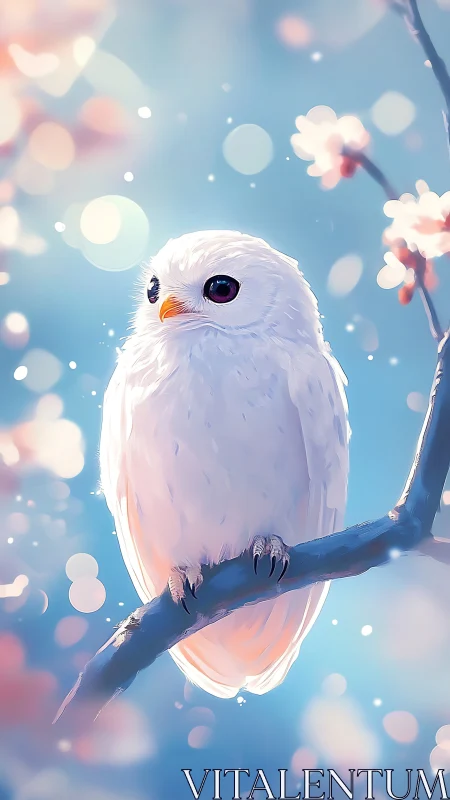 White owl on branch amid soft bokeh blossoms at dusk.