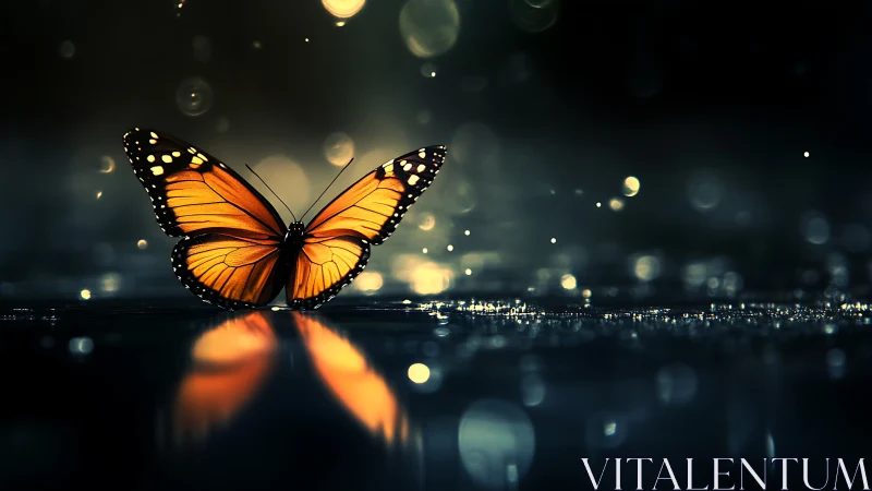 Monarch butterfly rests on reflective wet surface in low light