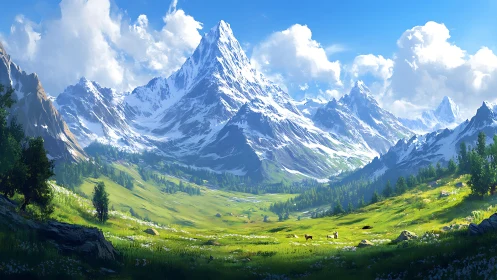 Sunlit alpine valley under towering snow-capped peaks.