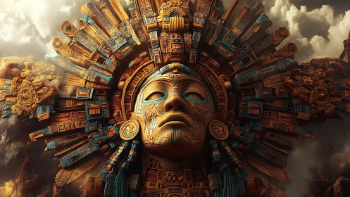 Mythic Mesoamerican cyber-deity mask with intricate glyph halo