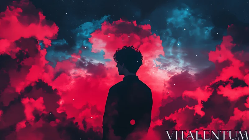 Silhouetted dreamer within neon cosmic cloudscape at dusk.