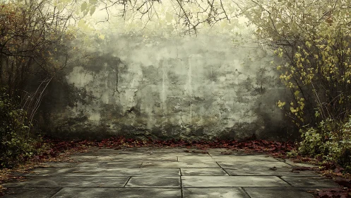 Weathered garden wall with paving and autumn foliage.