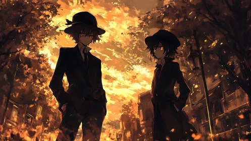 Twin silhouettes stalk ember-lit boulevard at dusk.