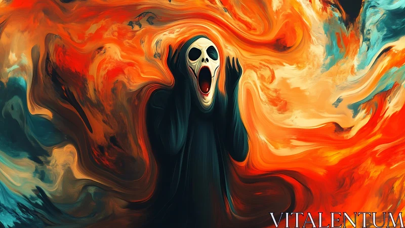 Ghostly figure screaming in swirling fiery colors.