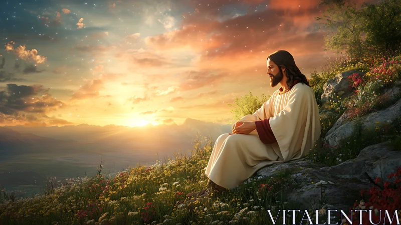 Serene robed figure on flowered hillside at radiant sunset.