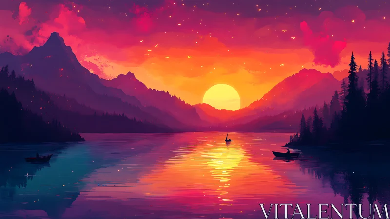 Vibrant alpine lake sunset with silhouetted boats and pines