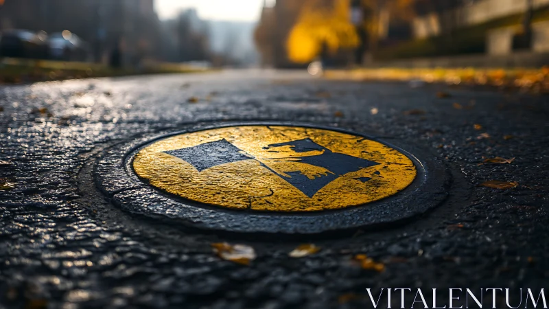 Low-angle autumn street view with yellow circular hazard marker