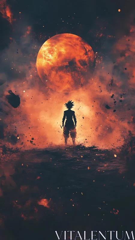 Backlit warrior silhouette framed by eruptive cosmic fire sphere