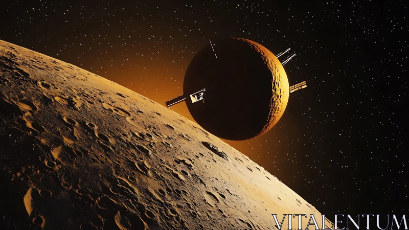 Craters and artificial satellite above illuminated rocky moon.