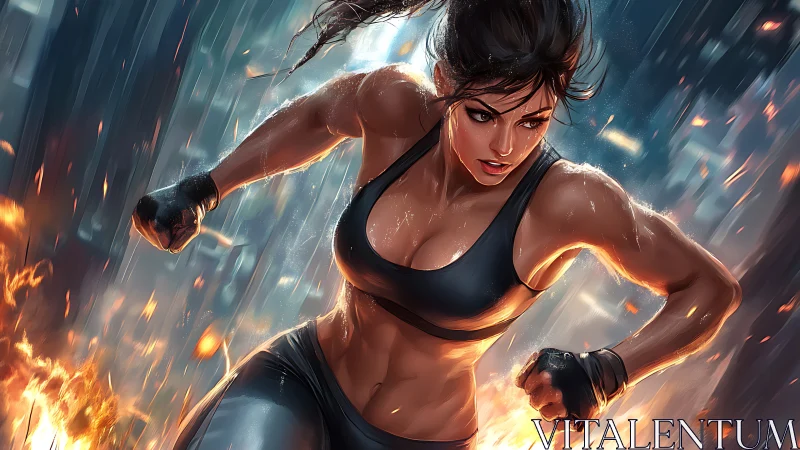 Athletic warrior sprints through burning futuristic cityscape