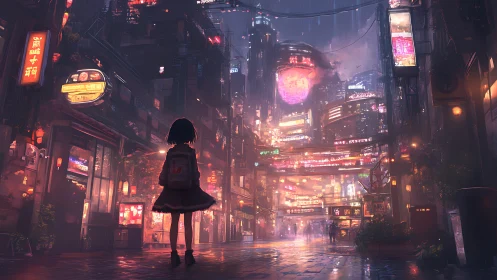 Girl stands in neon lit cyberpunk city street at night.