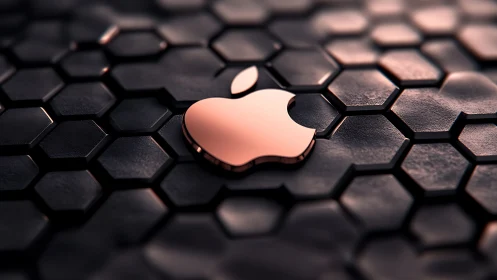 Metallic emblem on dark hexagonal tessellated surface, shallow DOF