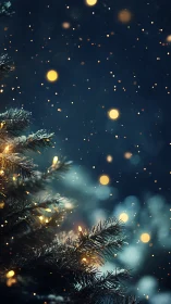 Snowy evergreen branches with soft golden holiday lights.
