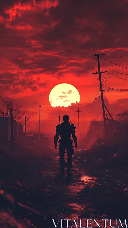 Solitary armored figure under red sky at low sun position.