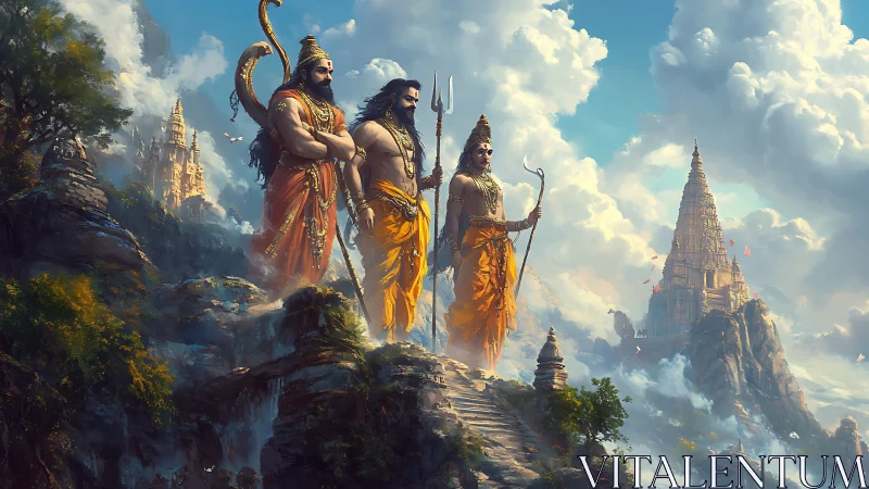 Mythic warriors on mountain path before distant temples.
