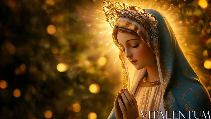 Serene Marian figure in prayer with golden halo light.
