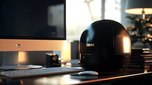 Desktop workspace with spherical IBM device and monitor.