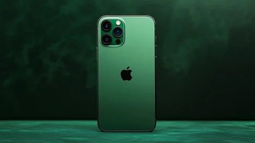 iPhone Pro Max smartphone rendered in gradient forest green aesthetic with quad-camera array