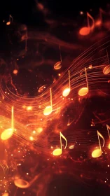 Glowing musical notes form curved light trails on dark background