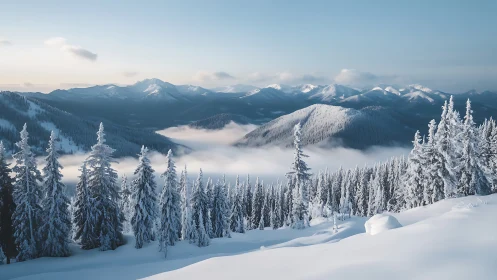 Snow covered conifer forest and distant mountain ranges in winter.