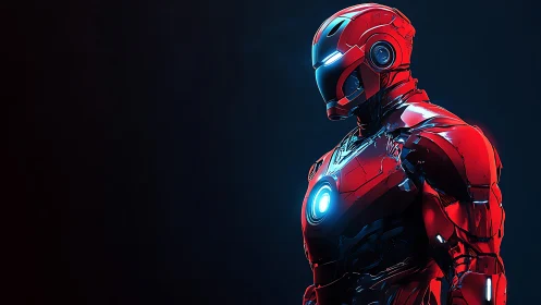 Radiant red armored hero stands poised in a quiet blue glow
