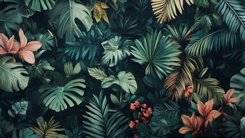 Dense tropical foliage pattern with assorted broad leaves.