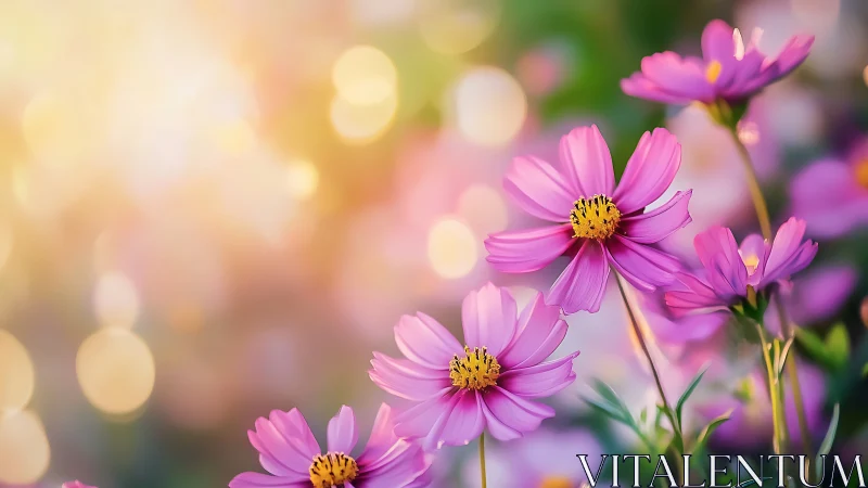 Pink Cosmos Flowers in Soft Golden Sunlight