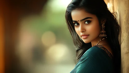 Elegant woman in traditional attire with soft natural lighting.