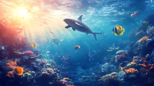 Digital rendering shows dolphin above coral reef environment