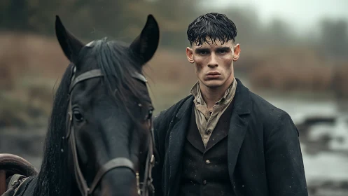Gritty young rider with wet black horse in soft-depth landscape